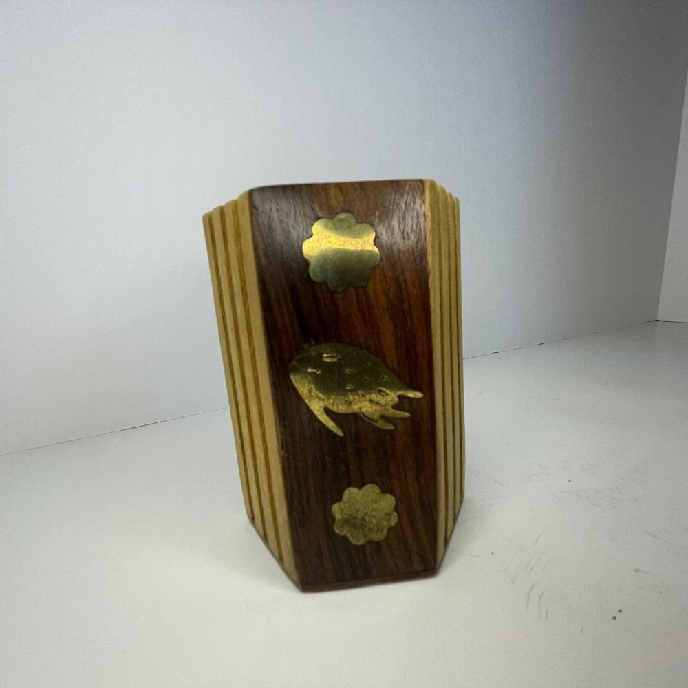Vintage Wooden Hexagon Small Figures Brass Bird Fish Birds Inlay Pencil Holder